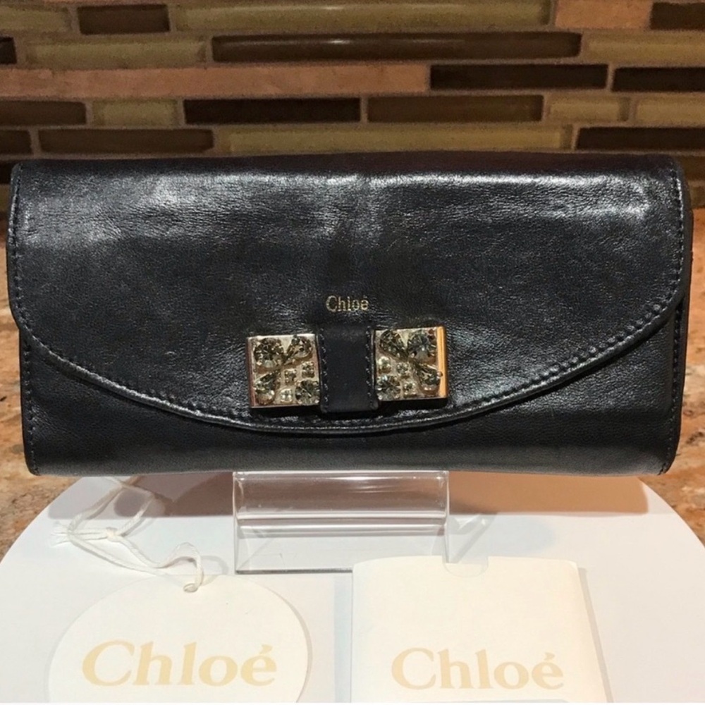 Chloe Black Leather Wallet with Gold Accents